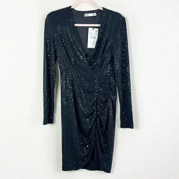 NWT Zara Draped Sparkly Black Dress Long Sleeve size Medium - Picture 6 of 16